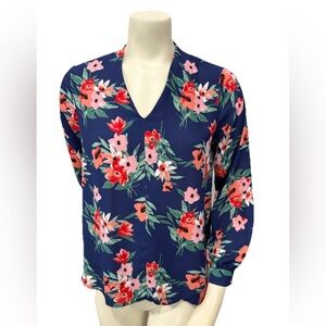 Pleione Floral Blouse Navy Pink Red Print V Neck Long Sleeve Top XSP Petite
